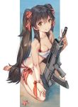  1girl assault_rifle bangs bare_shoulders barefoot beach bikini black_hair blush breasts brown_eyes cleavage closed_mouth collarbone crop_top dsknight eyebrows_visible_through_hair girls_frontline gun hair_between_eyes hair_ribbon hand_on_own_thigh highres holding holding_gun holding_weapon long_hair looking_at_viewer nail_polish navel ocean outside_border pink_nails qbz-97 qbz-97_(girls_frontline) ribbon rifle sand sitting smile solo sparkle starfish stomach striped striped_ribbon swimsuit thighs twintails very_long_hair wariza weapon white_bikini wrist_ribbon 