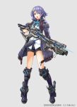  1girl black_shorts blue_eyes blue_neckwear boots bow bowtie full_body grey_background grey_hairclip gun hair_ornament hellnyaa holding holding_gun holding_weapon long_sleeves open_mouth original purple_coat purple_footwear purple_hair rifle shirt short_hair short_shorts shorts solo standing weapon white_shirt wing_hair_ornament x_hair_ornament 