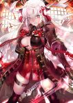  119 1girl black_legwear breasts brown_eyes cleavage closed_eyes coat fate_(series) floating_hair hair_ornament highres koha-ace long_hair looking_at_viewer majin_saber parted_lips solo very_long_hair white_hair 