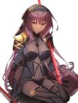  1girl bodysuit breasts chibirisu dual_wielding fate/grand_order fate_(series) gae_bolg highres holding holding_weapon long_hair pauldrons purple_hair scathach_(fate/grand_order) sitting solo veil very_long_hair violet_eyes weapon 