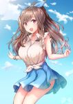  1girl aiban bangs blue_bow blue_skirt blush bow breasts brown_eyes brown_hair clouds cloudy_sky cowboy_shot eyebrows_visible_through_hair floral_print hair_bow highres idolmaster idolmaster_shiny_colors large_breasts long_hair looking_at_viewer open_mouth patterned_clothing ponytail skirt sky smile solo tsukioka_kogane 