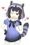  1girl animal_ears black_hair black_skirt blouse blue_blouse bow bowtie brown_eyes commentary_request common_raccoon_(kemono_friends) cowboy_shot eyebrows_visible_through_hair fang fur_collar gedou_(ge_ge_gedou) gloves hand_on_hip head_tilt heart kemono_friends looking_at_viewer miniskirt multicolored_hair open_mouth pantyhose pleated_skirt puffy_short_sleeves puffy_sleeves raccoon raccoon_ears raccoon_tail short_hair short_sleeves skirt smile smug solo standing striped_tail tail white_background white_legwear 