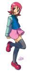  1girl arms_behind_back bangs blush breasts brown_eyes dated eyebrows_visible_through_hair full_body happy head_tilt highres long_sleeves looking_at_viewer miniskirt official_style one_leg_raised open_mouth pink_skirt purple_hair rockman rockman_exe sakurai_meiru shoes short_hair shoutaro_saito sidelocks signature simple_background skirt small_breasts smile solo standing thigh-highs white_background zettai_ryouiki 
