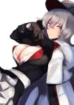  1girl azur_lane bangs black_gloves breasts cleavage closed_mouth crossed_bangs eyebrows_visible_through_hair fur_trim gloves graf_zeppelin_(azur_lane) hair_between_eyes hat highres iron_cross kojima_(blue_stardust) large_breasts long_hair looking_at_viewer military military_uniform peaked_cap red_eyes sidelocks signature silver_hair simple_background smile solo uniform white_background 
