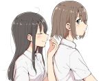  2girls ahoge bangs betock black_hair blunt_bangs brown_hair closed_eyes commentary english_commentary eyebrows_visible_through_hair eyelashes from_side high_collar highres long_hair looking_back multiple_girls open_mouth original shirt short_hair short_sleeves smelling smelling_hair smile white_background white_shirt yuri 