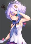 1girl armpits azur_lane black_background black_ribbon blue_eyes breasts commentary_request crown dizzy_(feeling) gloves hair_ornament hair_ribbon hairclip javelin_(azur_lane) looking_at_viewer one_eye_closed pensuke purple_hair ribbon short_hair single_glove small_breasts solo white_gloves 