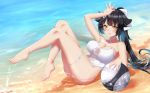  1girl azur_lane ball barefoot beach black_hair bow breasts brown_eyes cang_se_ye_hua casual_one-piece_swimsuit cleavage criss-cross_halter feet feet_up full_body hair_bow hair_flaps halterneck highres large_breasts legs long_hair looking_at_viewer ocean one-piece_swimsuit parted_lips partially_submerged ponytail sand smile solo swimsuit takao_(azur_lane) toes very_long_hair water white_bow white_swimsuit yellow_eyes 