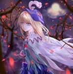  1other blonde_hair blue_eyes cape chevalier_d&#039;eon_(fate/grand_order) commentary_request fate/grand_order fate_(series) flower lily_(flower) looking_at_viewer moon night night_sky sky smile solo sword viryin weapon white_cape white_flower 