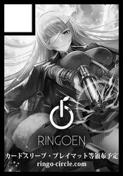  1girl aiming_at_viewer bandage_over_one_eye bangs barrel_(weapon) breasts closed_mouth cover cover_page doujin_cover fate/grand_order fate_(series) firing firing_at_viewer florence_nightingale_(fate/grand_order) from_below gloves greyscale gun handgun holding holding_gun holding_weapon jacket_on_shoulders large_breasts long_hair looking_at_viewer military military_uniform monochrome pistol revolver ringoen sidelocks solo strap uniform weapon 