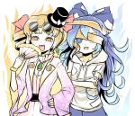  2girls black_hat blonde_hair blue_hair bow commentary crossed_arms drill_hair earrings eyewear_on_head fan folding_fan hand_on_hip hat hat_bow hat_ribbon highres holding holding_fan hood hoodie jacket jewelry long_hair multiple_girls one_eye_covered open_clothes open_jacket open_mouth orange_eyes peroponesosu. purple_jacket ribbon round_eyewear short_sleeves siblings sisters sunglasses top_hat touhou twin_drills white_bow white_ribbon wide_sleeves yellow_eyes yorigami_jo&#039;on yorigami_shion 
