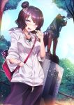  1girl alternate_costume alternate_hairstyle blush breasts fate/grand_order fate_(series) hair_ornament hand_in_pocket highres hood hoodie katsushika_hokusai_(fate/grand_order) looking_at_viewer octopus open_mouth outdoors purple_hair silly_(marinkomoe) solo violet_eyes 