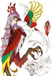  animalization asparrowthanasnail-oji beak bird bow claws feathered_wings feathers fujiwara_no_mokou green_feathers hair_bow hair_ribbon long_hair no_humans phoenix red_feathers ribbon sharp_teeth simple_background sketch solo teeth touhou white_background white_hair wings yellow_eyes yellow_feathers 