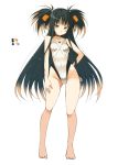  1girl barefoot black_hair blush breasts brown_eyes closed_mouth color_guide commentary_request contrapposto covered_navel full_body gradient_hair hand_on_hip highleg highleg_swimsuit long_hair looking_at_viewer monster_hunter multicolored_hair oota_yuuichi personification plesioth simple_background small_breasts solo standing swimsuit two_side_up very_long_hair white_background 