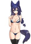  1girl animal_ears arm_behind_back bare_shoulders bikini black_legwear blue_bikini blue_eyes blush breasts cleavage collarbone fox_ears fox_tail frilled_bikini frills frown haik long_hair looking_at_viewer original purple_hair simple_background solo swimsuit tail thigh-highs white_background 