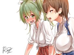  2girls :3 blush breasts brown_eyes brown_hair full-face_blush green_eyes green_hair hair_ribbon hakama japanese_clothes kaga_(kantai_collection) kantai_collection large_breasts multiple_girls open_mouth pleated_skirt raayu_(0u_rayu) ribbon side_ponytail signature skirt small_breasts twintails twitter_username zuikaku_(kantai_collection) 