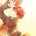  1boy akashi_seijuurou ball basketball black_jacket closed_eyes feathers gradient gradient_background grin holding holding_ball jacket kuroko_no_basuke long_sleeves male_focus noeru_(putty) red_eyes red_shirt redhead shirt smile solo white_feathers yellow_background 