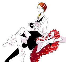  2others alternate_costume androgynous artist_request blonde_hair contemporary gem gloves grin hand_holding houseki_no_kuni labcoat long_hair looking_at_another lying multicolored multicolored_eyes multicolored_hair multiple_others on_back open_clothes open_shirt padparadscha_(houseki_no_kuni) red_eyes redhead rutile_(houseki_no_kuni) sailor_collar school_uniform short_hair sitting skirt smile sparkle thigh-highs very_long_hair wavy_hair white_background yellow_eyes 