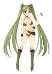  1girl belt bikini blush boots breasts brown_eyes character_request closed_mouth color_guide contrapposto earrings full_body fur_trim gluteal_fold green_bikini green_footwear green_hair hand_on_hip horns jewelry knee_boots long_hair looking_at_viewer medium_breasts monster_hunter navel oota_yuuichi personification simple_background smile solo standing swimsuit twintails very_long_hair white_background wristband 