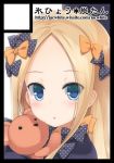  1girl :o abigail_williams_(fate/grand_order) bangs black_bow black_dress black_hat blonde_hair blue_eyes blush bow circle_cut commentary_request dress eyebrows_visible_through_hair fate/grand_order fate_(series) forehead hair_bow hat long_hair long_sleeves looking_at_viewer object_hug orange_bow parted_bangs parted_lips polka_dot polka_dot_bow shirasu_youichi sleeves_past_fingers sleeves_past_wrists solo stuffed_animal stuffed_toy teddy_bear translation_request watermark web_address 