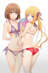  2girls absurdres arms_behind_back ass ball beachball bikini blonde_hair blue_eyes brown_eyes brown_hair cowboy_shot front-tie_top gluteal_fold gradient gradient_background hair_ribbon highres katou_megumi looking_at_viewer multi-strapped_bikini multiple_girls red_bikini ribbon saenai_heroine_no_sodatekata sawamura_spencer_eriri short_hair side-tie_bikini standing striped striped_bikini sunhyun swimsuit thigh_gap twintails white_background 