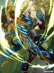  1boy arrow blue_eyes boots bow_(weapon) copyright_name elf feathers force_of_will gloves hat highres ko-ran leaf long_hair low_ponytail male_focus official_art open_mouth pointy_ears quiver solo sword teeth tree weapon white_hair 