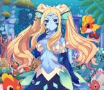  1girl air_bubble algae artist_name barnacle blonde_hair blue_eyes blue_gloves blue_skin breasts breasts_apart bubble circlet coral facial_mark fingerless_gloves fish gloves gold_gupp_(monster_super_league) gupp_(monster_super_league) hair_ornament head_fins hermite_(monster_super_league) jewelry large_breasts long_hair looking_at_viewer mermaid monster_girl monster_super_league navel necklace nereid_(monster_super_league) shell shell_bikini shirogahara sidelocks solo_focus underwater 