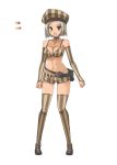  1girl :d bare_shoulders belt bikini_top blush breasts character_request choker color_guide dark_skin detached_sleeves full_body grey_choker grey_hair grey_legwear hat large_breasts long_sleeves micro_shorts monster_hunter navel oota_yuuichi open_mouth personification short_hair short_shorts shorts simple_background smile solo standing striped striped_legwear thigh-highs vertical-striped_legwear vertical_stripes white_background 