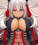  &gt;:( 1girl asamura_hiori black_coat breasts brown_background brown_eyes cleavage closed_mouth commentary_request dark_skin fate/grand_order fate_(series) frown hair_ornament highres large_breasts long_hair long_sleeves looking_at_viewer majin_saber silver_hair solo striped upper_body vertical_stripes 