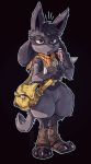  black_background book brown_eyes claws commentary english_commentary etherealhaze full_body gen_4_pokemon highres legs_together lucario neckerchief no_humans pokemon sandals simple_background solo spikes standing 
