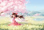  1girl brown_hair bug butterfly cherry_blossoms flower gohei hair_flower hair_ornament hakurei_reimu highres insect long_hair meadow mountain nature smile solo touhou tree yaosan233 