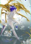 1other absurdres androgynous blue_eyes blue_hair chromatic_aberration colored_eyelashes flower full_body gold golden_arms heterochromia high_heels highres houseki_no_kuni lotus phosphophyllite phosphophyllite_(ll) see-through shards short_hair solo sparkle spoilers sword water weapon white_eyes 