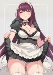  1girl alternate_costume apron bangs black_dress blush breasts cleavage commentary_request detached_collar dress enmaided fate/grand_order fate_(series) frills garter_straps grey_background hair_between_eyes hair_intakes highres hips large_breasts long_hair looking_at_viewer maid maid_apron maid_headdress neck_ribbon nuko_(mikupantu) panties puffy_short_sleeves puffy_sleeves purple_hair red_eyes ribbon scathach_(fate/grand_order) short_sleeves simple_background skirt skirt_lift smile solo thigh-highs thighs underwear waist_apron white_legwear white_panties wrist_cuffs 
