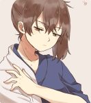  1girl blue_kimono breasts brown_eyes brown_hair closed_mouth collarbone hair_between_eyes half-closed_eyes ina_(1813576) japanese_clothes kaga_(kantai_collection) kantai_collection kimono long_hair side_ponytail signature simple_background solo sweat upper_body white_kimono 