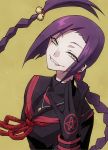  1girl bell black_gloves braid chikujouin_magane earrings gloves hair_bell hair_ornament jewelry long_hair looking_at_viewer mekariruwii purple_hair re:creators school_uniform serafuku sharp_teeth single_braid smile solo teeth torii_earrings 