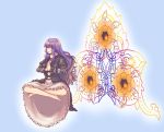  1girl absurdres bangs bare_legs black_dress blue_background closed_eyes dress eyebrows_visible_through_hair flower frills hands_together highres hijiri_byakuren invisible_chair juliet_sleeves long_hair long_sleeves puffy_sleeves purple_hair sitting smile solo tagme touhou white_dress yoruny 