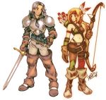  1boy 1girl archer_(fft) armor arrow asymmetrical_clothes bandaid bandaid_on_face belt black_eyes black_hair blonde_hair bow_(weapon) breasts brown_footwear brown_gloves commentary commission english_commentary expressionless facepaint facial_hair feathers final_fantasy final_fantasy_tactics gloves goatee hair_feathers highres holding holding_sword holding_weapon medium_breasts midriff navel quiver robert_porter sheath signature squire_(fft) sword weapon yoshida_akihiko_(style) 