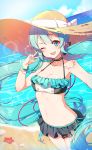  1girl ;d absurdly_long_hair arm_up bangs bare_shoulders beach bikini black_bikini blue_eyes blue_hair blue_nails blush bow breasts cleavage collarbone commentary_request day eyebrows_visible_through_hair fingernails hair_between_eyes hair_ornament hat hat_bow hatsune_miku head_tilt highres jewelry long_hair medium_breasts nail_polish necklace ocean one_eye_closed open_mouth outdoors round_teeth sand seashell shell smile solo standing starfish straw_hat swimsuit teeth tp_(kido_94) twintails upper_teeth v very_long_hair vocaloid water white_bow 