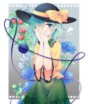  1girl blue_eyes blue_flower blue_hair blue_nails blue_rose covering_mouth covering_one_eye cowboy_shot eyebrows_visible_through_hair floral_print flower flower_request frilled_sleeves frills green_skirt grey_background hair_between_eyes hands_on_own_face hands_together hat hat_ribbon heart heart_of_string highres komeiji_koishi leaf long_sleeves looking_at_viewer maruta_(shummylass) medium_hair nail_polish ribbon rose rose_print shirt simple_background skirt solo third_eye touhou water_lily_flower yellow_shirt 