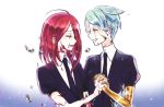 2others ahoge androgynous artist_request closed_eyes cracked crying face-to-face gem_uniform_(houseki_no_kuni) golden_arms green_hair hair_over_one_eye hand_holding houseki_no_kuni interlocked_fingers mercury multiple_others necktie open_mouth phosphophyllite redhead shinsha_(houseki_no_kuni) short_hair smile tears upper_body 