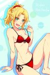  1girl :d bikini bikini_pull blonde_hair breasts character_name cleavage commentary_request fate/grand_order fate_(series) front-tie_bikini front-tie_top green_eyes hair_ornament hair_scrunchie haruka_(yakitoritabetai) head_tilt highres mordred_(fate) mordred_(fate)_(all) mordred_(swimsuit_rider)_(fate) navel open_mouth red_bikini scrunchie short_hair short_ponytail side-tie_bikini sitting small_breasts smile solo spiky_hair swimsuit 