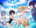  5girls ;d alternate_hairstyle arm_up ball bang_dream! bangle beachball bikini bikini_skirt black_swimsuit blonde_hair blue_eyes blue_hair bracelet breasts character_print cleavage closed_eyes clouds cloudy_sky cocktail_glass collarbone cup drinking_glass food frilled_bikini frills fruit hair_ornament hair_ribbon hairclip hello_happy_world! highres innertube jewelry kitazawa_hagumi lemon lens_flare long_hair looking_at_viewer matsubara_kanon medium_breasts michelle_(bang_dream!) multiple_girls ocean okusawa_misaki one-piece_swimsuit one_eye_closed one_side_up open_mouth orange_hair outdoors ponytail purple_hair rash_guard red_eyes ribbon seta_kaoru short_hair short_twintails sky small_breasts smile sparkle surfboard swimming swimsuit tokkyu_(user_mwwe3558) tsurumaki_kokoro twintails violet_eyes wading water water_drop white_bikini yellow_eyes 