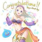  1girl :d bare_shoulders blonde_hair blue_eyes breasts circlet confetti congratulations cowboy_shot detached_sleeves dragon_quest dragon_quest_xi earrings fujimura_hinami hairband highres jewelry long_sleeves looking_at_viewer midriff navel necklace open_mouth puffy_detached_sleeves puffy_long_sleeves puffy_sleeves purple_hairband purple_legwear senya_(dq11) slime_(dragon_quest) small_breasts smile teeth thigh-highs tongue 