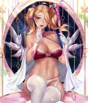  1girl adapted_costume bra breasts cleavage garter_straps gloves gtunver hair_over_one_eye hair_ribbon lace lace-trimmed_bra lace-trimmed_panties looking_at_viewer mechanical_wings mercy_(overwatch) open_mouth overwatch panties pink_mercy red_bra ribbon sitting smile staff thigh-highs twintails underwear white_gloves white_legwear white_panties wings 