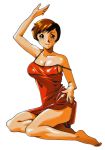 1girl 90s arm_up barefoot breasts brown_eyes brown_hair cleavage collarbone full_body hand_on_hip highres large_breasts official_art short_hair simple_background sitting smile solo spaghetti_strap strap_slip super_real_mahjong tanaka_ryou toyohara_etsuko white_background yokozuwari