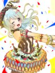  1girl ;d alice_tea bang_dream! bangs blue_hair confetti detached_sleeves dress drumsticks frilled_cuffs frilled_dress frills from_side hat highres holding holding_instrument instrument jester jester_cap light_blue_hair long_hair looking_at_viewer matsubara_kanon one_eye_closed open_mouth pom_pom_(clothes) round_teeth smile solo striped tassel teeth upper_teeth vertical_stripes violet_eyes wrist_cuffs 