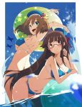  2girls :d aircraft airplane alternate_costume arms_up ass ball bangs beachball bent_over bikini black_hair blue_bikini blue_eyes blue_sky blush breasts brown_hair choukai_(kantai_collection) cleavage clouds collarbone day eyebrows_visible_through_hair glasses hair_ornament hat highres in_water kantai_collection large_breasts long_hair looking_at_viewer maya_(kantai_collection) meriken0111 multiple_girls navel open_mouth outdoors red_eyes remodel_(kantai_collection) rimless_eyewear short_hair sidelocks sky smile sparkle stomach swimsuit thighs x_hair_ornament 