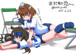  2girls ass black_hair black_legwear blue_buruma blue_headband blush brown_eyes brown_hair buruma character_name contortion dated flexible gym_shirt gym_uniform hair_between_eyes hatsushimo_(kantai_collection) headband headgear kantai_collection kneehighs long_hair looking_back low-tied_long_hair multiple_girls shirt shoes short_hair short_sleeves smile socks stretch sukiyo translation_request twitter_username very_long_hair white_background white_footwear yukikaze_(kantai_collection) 