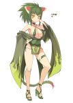  1girl animal_ears bare_shoulders bikini blush choker color_guide criss-cross_halter full_body green_bikini green_footwear green_hair green_nargacuga halterneck hand_up high_heels japanese_clothes kimono long_sleeves monster_hunter off_shoulder oota_yuuichi orange_eyes pelvic_curtain personification ponytail simple_background solo standing swimsuit tail white_background wide_sleeves 