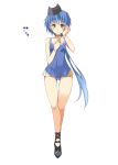  1girl black_footwear blue_hair blue_swimsuit bracelet character_request color_guide full_body hand_up hat jewelry long_hair monster_hunter one-piece_swimsuit oota_yuuichi orange_eyes personification ponytail shoes simple_background smile solo standing swimsuit very_long_hair white_background 