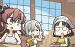  3girls =_= bangs blue_eyes blunt_bangs bottle brown_hair commentary_request food glasses hair_between_eyes hair_over_one_eye hamakaze_(kantai_collection) hamu_koutarou hardhat headdress helmet highres kantai_collection multiple_girls pasta pince-nez ponytail roma_(kantai_collection) saratoga_(kantai_collection) short_hair side_ponytail sidelocks silver_hair spaghetti upper_body wavy_hair window wood 